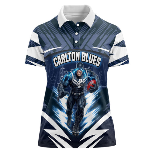 Personalised Carlton Blues Football Women Polo Shirt Superhero Comic Art Dark Geometric City