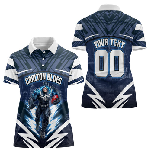 Personalised Carlton Blues Football Women Polo Shirt Superhero Comic Art Dark Geometric City
