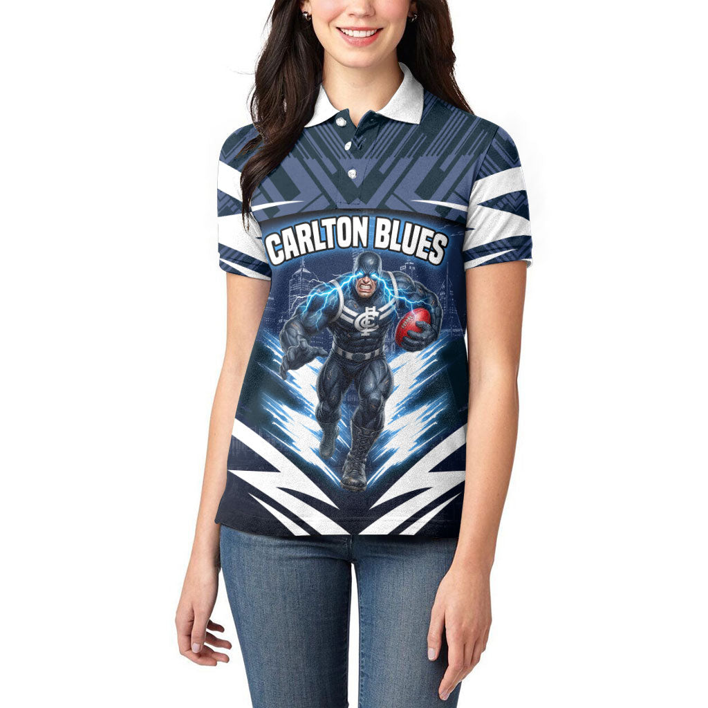 Personalised Carlton Blues Football Women Polo Shirt Superhero Comic Art Dark Geometric City