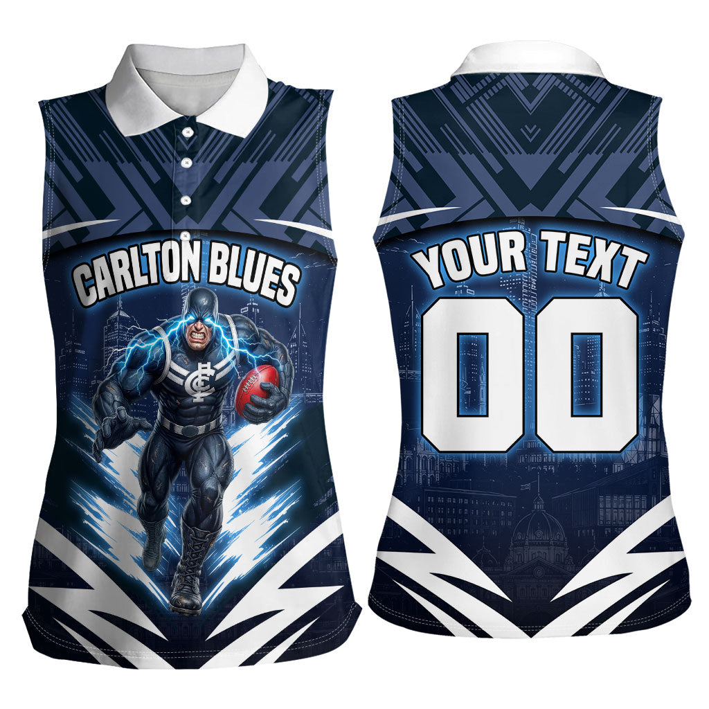 Personalised Carlton Blues Football Women Sleeveless Polo Shirt Superhero Comic Art Dark Geometric City