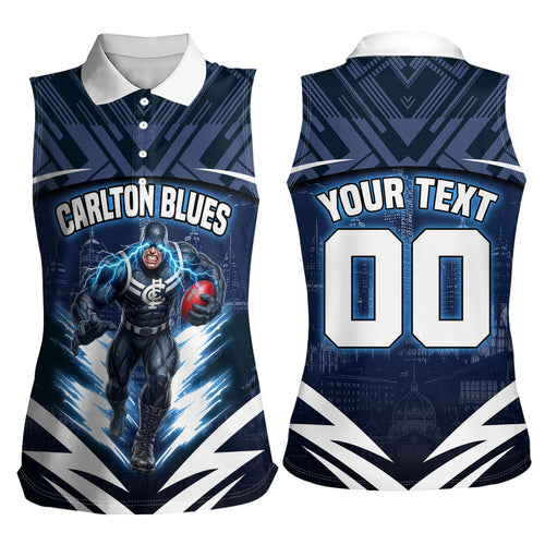 Personalised Carlton Blues Football Women Sleeveless Polo Shirt Superhero Comic Art Dark Geometric City