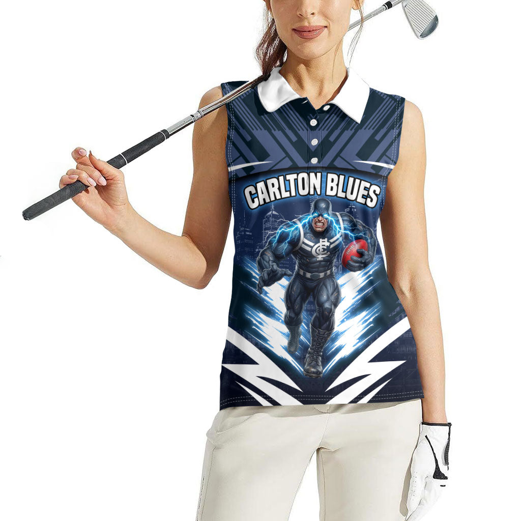 Personalised Carlton Blues Football Women Sleeveless Polo Shirt Superhero Comic Art Dark Geometric City