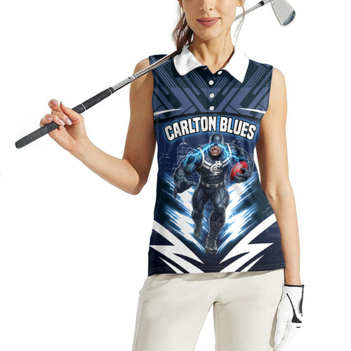 Personalised Carlton Blues Football Women Sleeveless Polo Shirt Superhero Comic Art Dark Geometric City