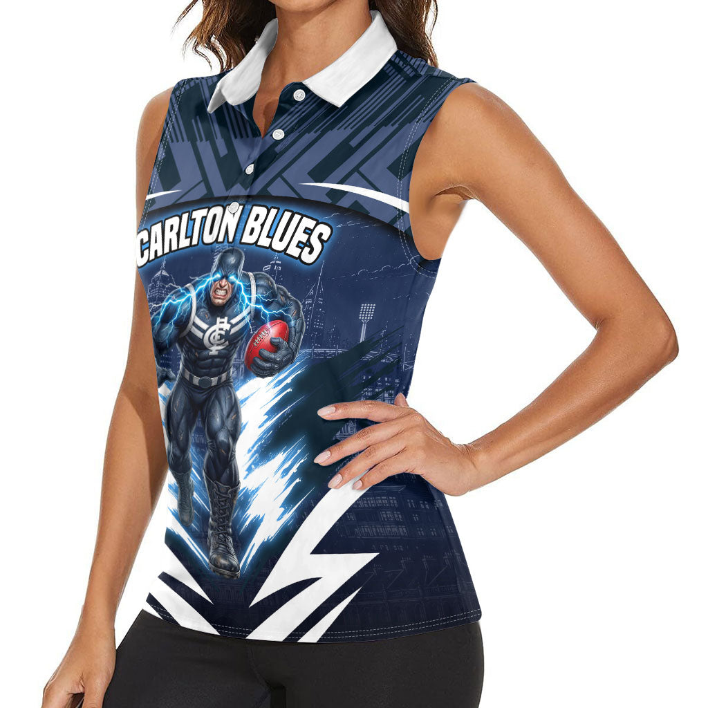 Personalised Carlton Blues Football Women Sleeveless Polo Shirt Superhero Comic Art Dark Geometric City