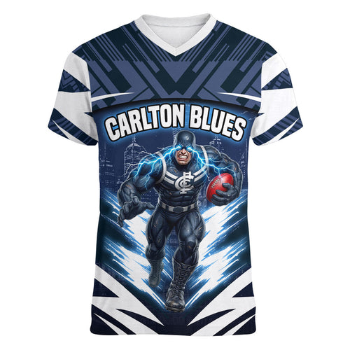 Personalised Carlton Blues Football Women V-Neck T-Shirt Superhero Comic Art Dark Geometric City