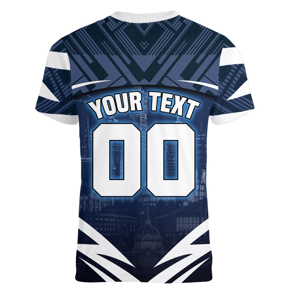 Personalised Carlton Blues Football Women V-Neck T-Shirt Superhero Comic Art Dark Geometric City
