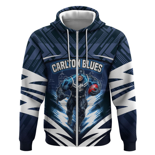 Personalised Carlton Blues Football Zip Hoodie Superhero Comic Art Dark Geometric City