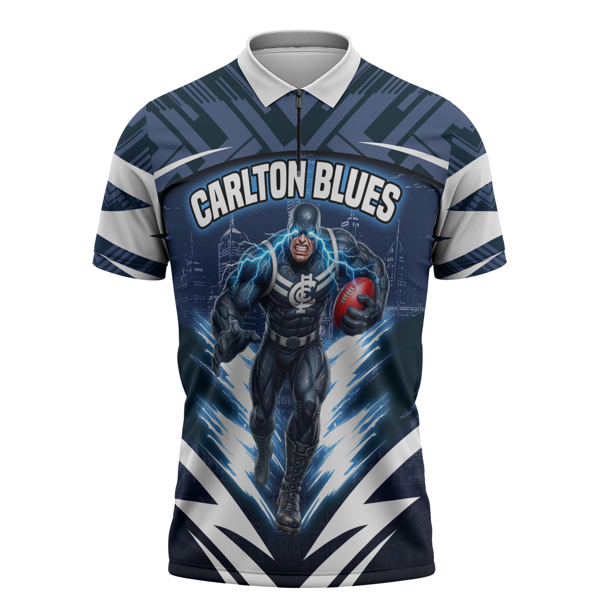 Personalised Carlton Blues Football Zipper Polo Shirt Superhero Comic Art Dark Geometric City