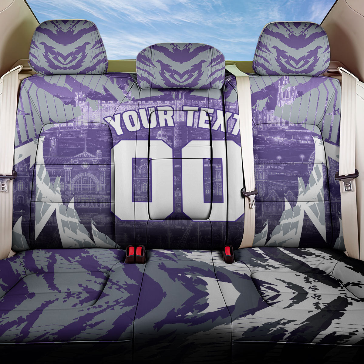 Personalised Fremantle Dockers Football Back Car Seat Cover Anime Warrior Manga Style Lightning Bolt Cityscape