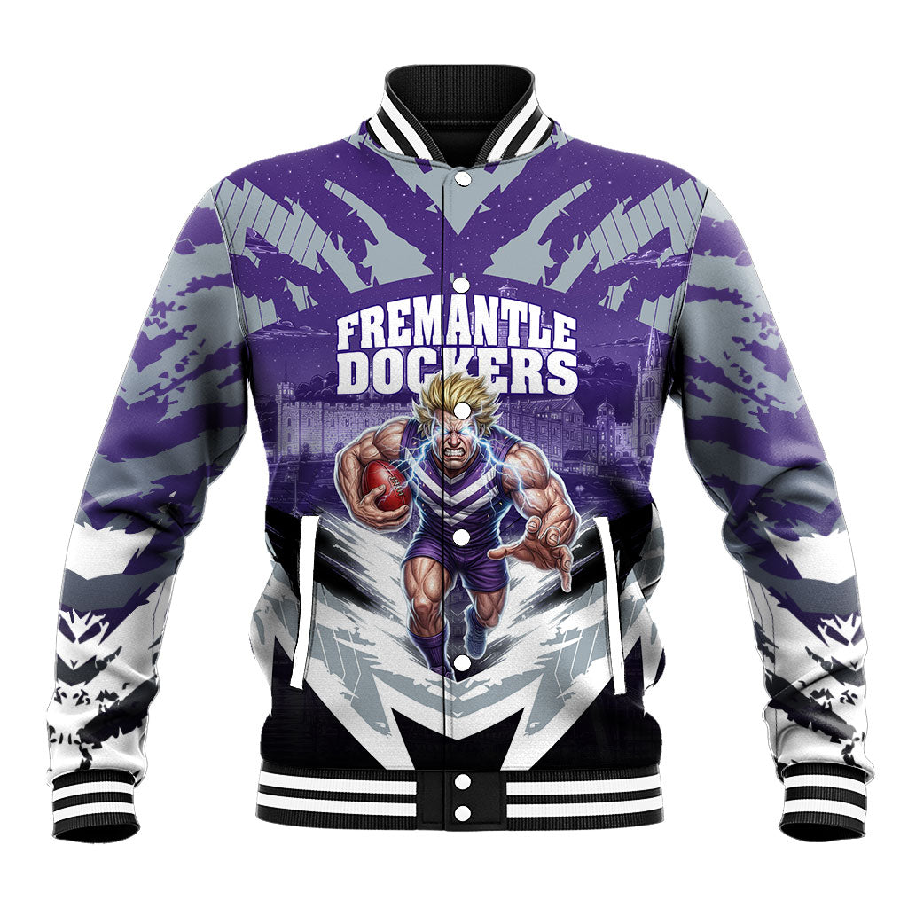 Personalised Fremantle Dockers Football Baseball Jacket Anime Warrior Manga Style Lightning Bolt Cityscape