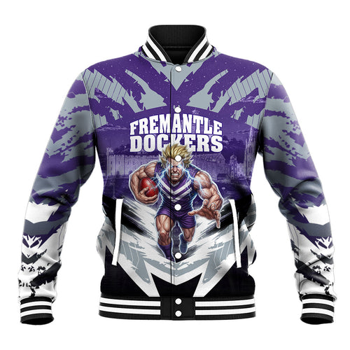 Personalised Fremantle Dockers Football Baseball Jacket Anime Warrior Manga Style Lightning Bolt Cityscape