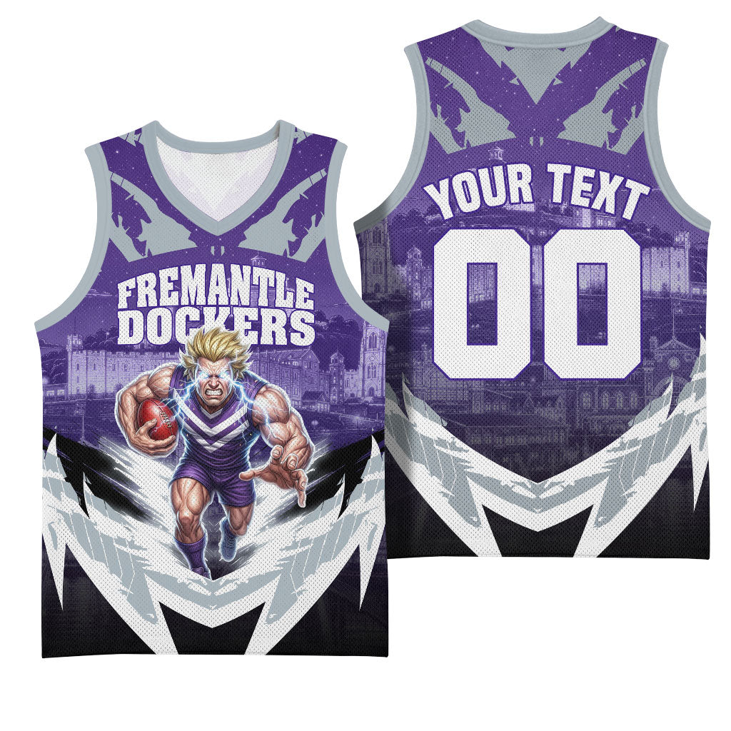 Personalised Fremantle Dockers Football Basketball Jersey Anime Warrior Manga Style Lightning Bolt Cityscape