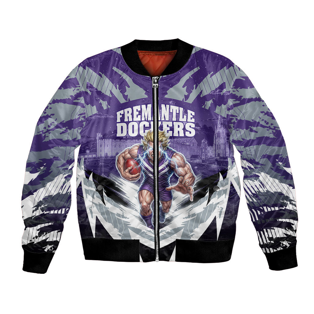 Personalised Fremantle Dockers Football Bomber Jacket Anime Warrior Manga Style Lightning Bolt Cityscape