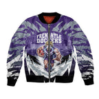 Personalised Fremantle Dockers Football Bomber Jacket Anime Warrior Manga Style Lightning Bolt Cityscape