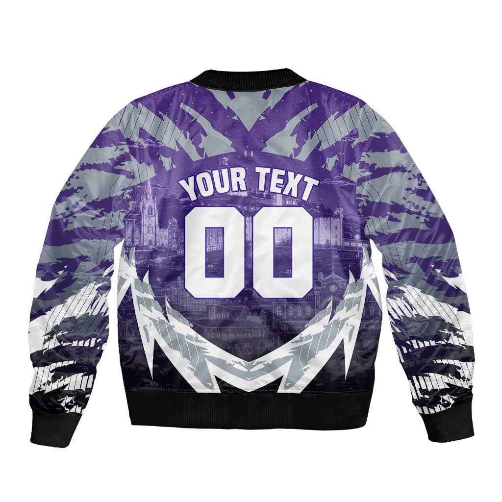 Personalised Fremantle Dockers Football Bomber Jacket Anime Warrior Manga Style Lightning Bolt Cityscape