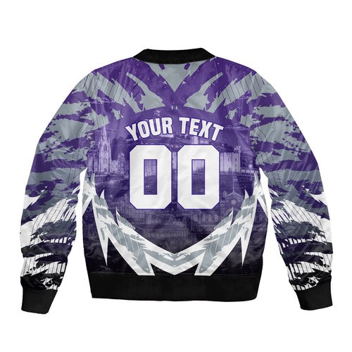Personalised Fremantle Dockers Football Bomber Jacket Anime Warrior Manga Style Lightning Bolt Cityscape