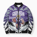 Personalised Fremantle Dockers Football Bomber Puffer Jacket Anime Warrior Manga Style Lightning Bolt Cityscape
