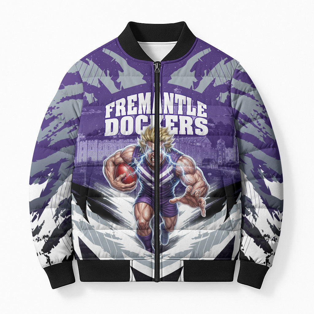 Personalised Fremantle Dockers Football Bomber Puffer Jacket Anime Warrior Manga Style Lightning Bolt Cityscape