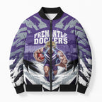Personalised Fremantle Dockers Football Bomber Puffer Jacket Anime Warrior Manga Style Lightning Bolt Cityscape