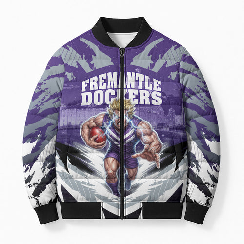 Personalised Fremantle Dockers Football Bomber Puffer Jacket Anime Warrior Manga Style Lightning Bolt Cityscape