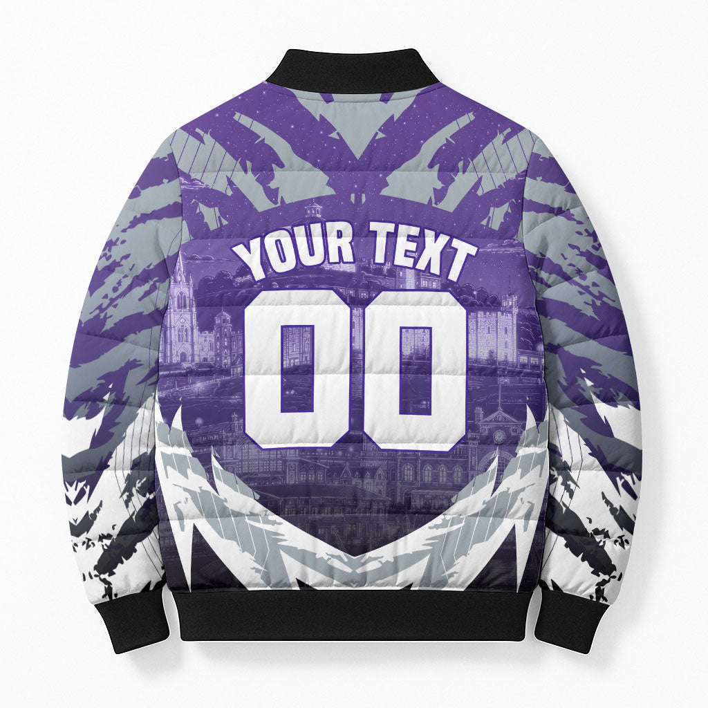 Personalised Fremantle Dockers Football Bomber Puffer Jacket Anime Warrior Manga Style Lightning Bolt Cityscape