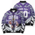 Personalised Fremantle Dockers Football Bomber Puffer Jacket Anime Warrior Manga Style Lightning Bolt Cityscape
