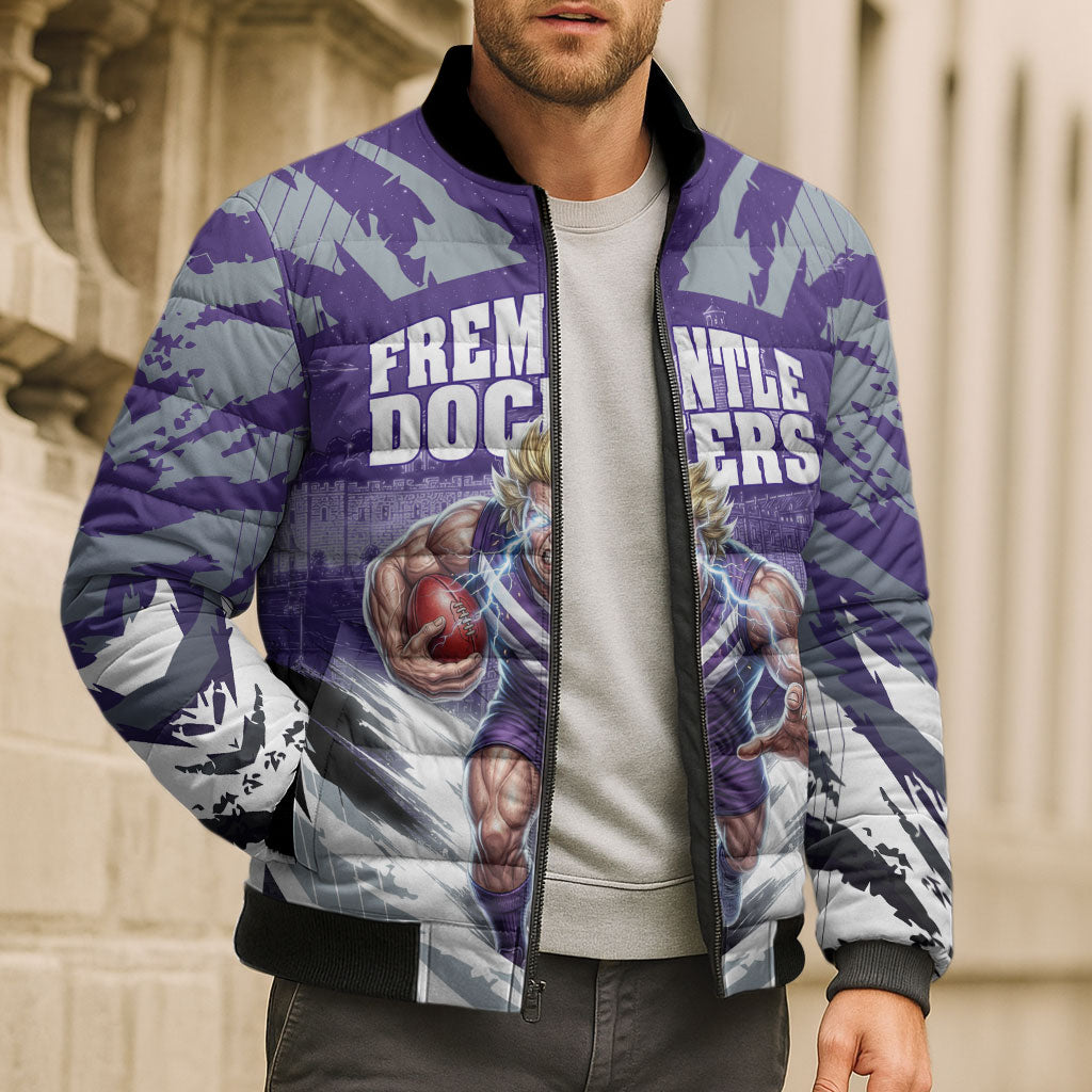 Personalised Fremantle Dockers Football Bomber Puffer Jacket Anime Warrior Manga Style Lightning Bolt Cityscape