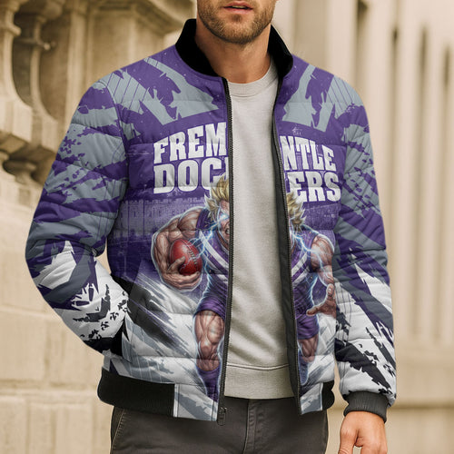 Personalised Fremantle Dockers Football Bomber Puffer Jacket Anime Warrior Manga Style Lightning Bolt Cityscape