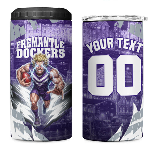 Personalised Fremantle Dockers Football 4 in 1 Can Cooler Tumbler Anime Warrior Manga Style Lightning Bolt Cityscape
