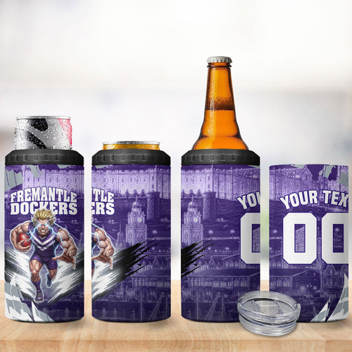 Personalised Fremantle Dockers Football 4 in 1 Can Cooler Tumbler Anime Warrior Manga Style Lightning Bolt Cityscape