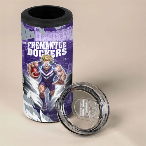 Personalised Fremantle Dockers Football 4 in 1 Can Cooler Tumbler Anime Warrior Manga Style Lightning Bolt Cityscape