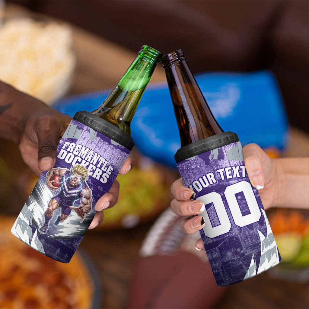 Personalised Fremantle Dockers Football 4 in 1 Can Cooler Tumbler Anime Warrior Manga Style Lightning Bolt Cityscape