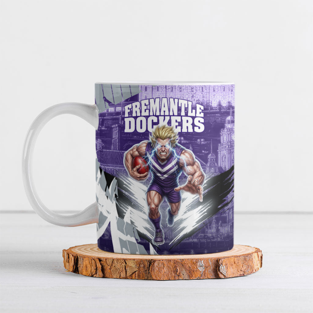 Personalised Fremantle Dockers Football Ceramic Mug Anime Warrior Manga Style Lightning Bolt Cityscape