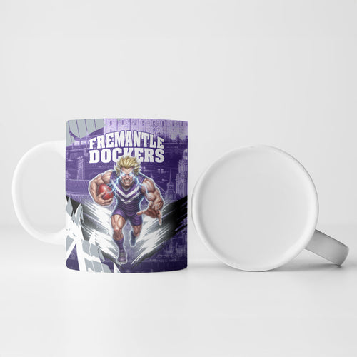 Personalised Fremantle Dockers Football Ceramic Mug Anime Warrior Manga Style Lightning Bolt Cityscape