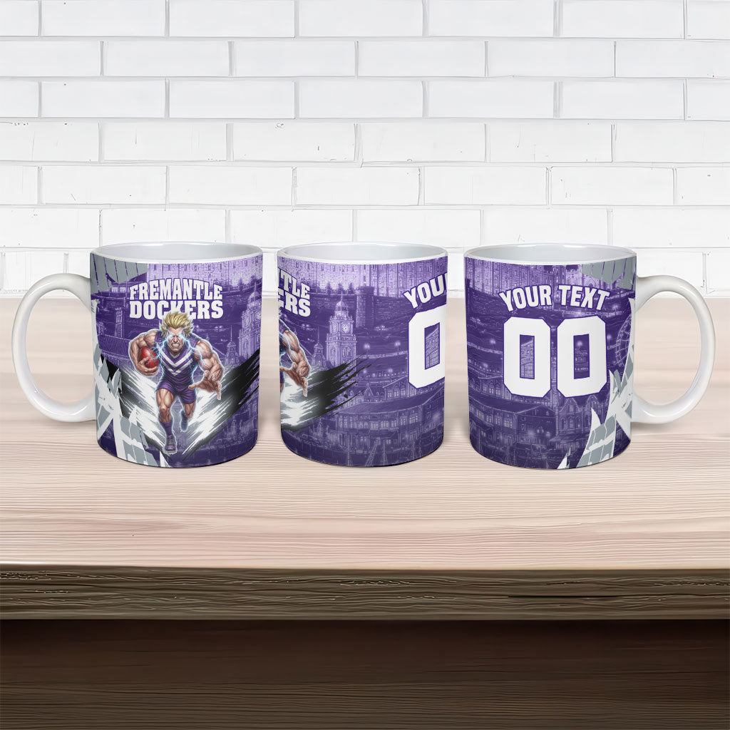 Personalised Fremantle Dockers Football Ceramic Mug Anime Warrior Manga Style Lightning Bolt Cityscape