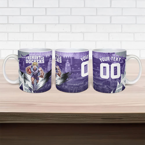 Personalised Fremantle Dockers Football Ceramic Mug Anime Warrior Manga Style Lightning Bolt Cityscape