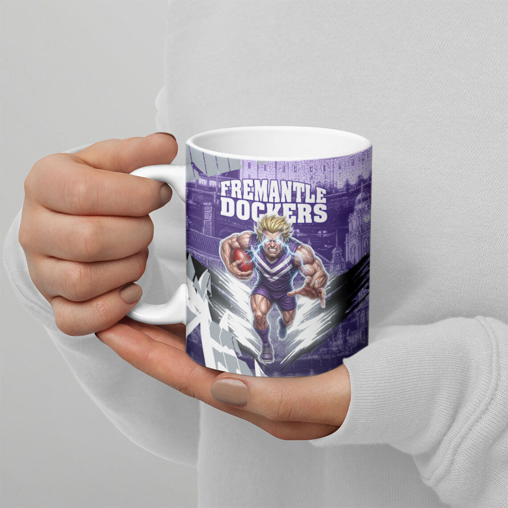 Personalised Fremantle Dockers Football Ceramic Mug Anime Warrior Manga Style Lightning Bolt Cityscape