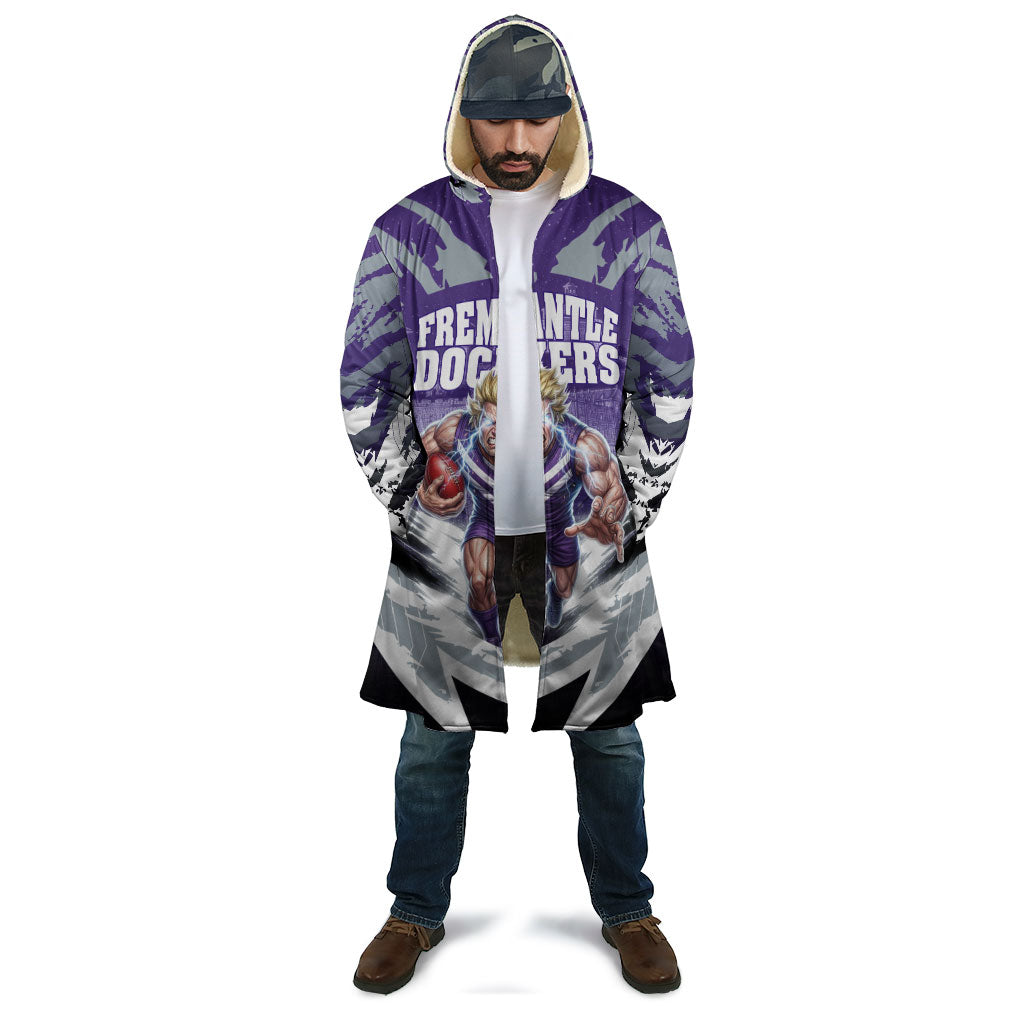 Personalised Fremantle Dockers Football Cloak Anime Warrior Manga Style Lightning Bolt Cityscape