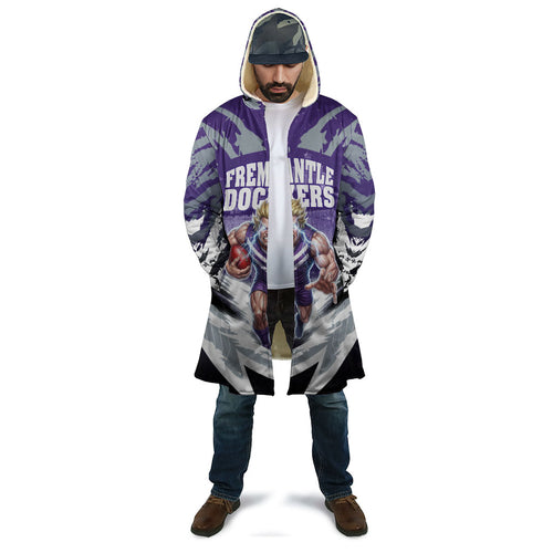 Personalised Fremantle Dockers Football Cloak Anime Warrior Manga Style Lightning Bolt Cityscape