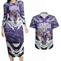 Personalised Fremantle Dockers Football Couples Matching Long Sleeve Bodycon Dress and Hawaiian Shirt Anime Warrior Manga Style Lightning Bolt Cityscape