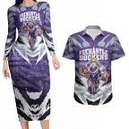 Personalised Fremantle Dockers Football Couples Matching Long Sleeve Bodycon Dress and Hawaiian Shirt Anime Warrior Manga Style Lightning Bolt Cityscape