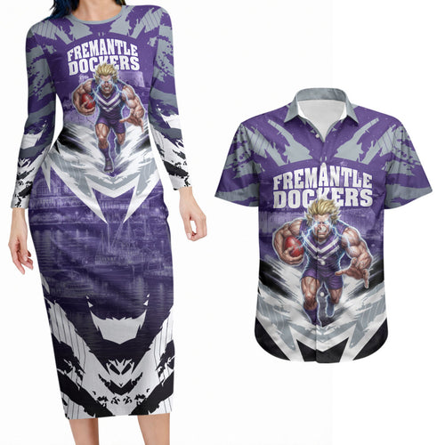 Personalised Fremantle Dockers Football Couples Matching Long Sleeve Bodycon Dress and Hawaiian Shirt Anime Warrior Manga Style Lightning Bolt Cityscape