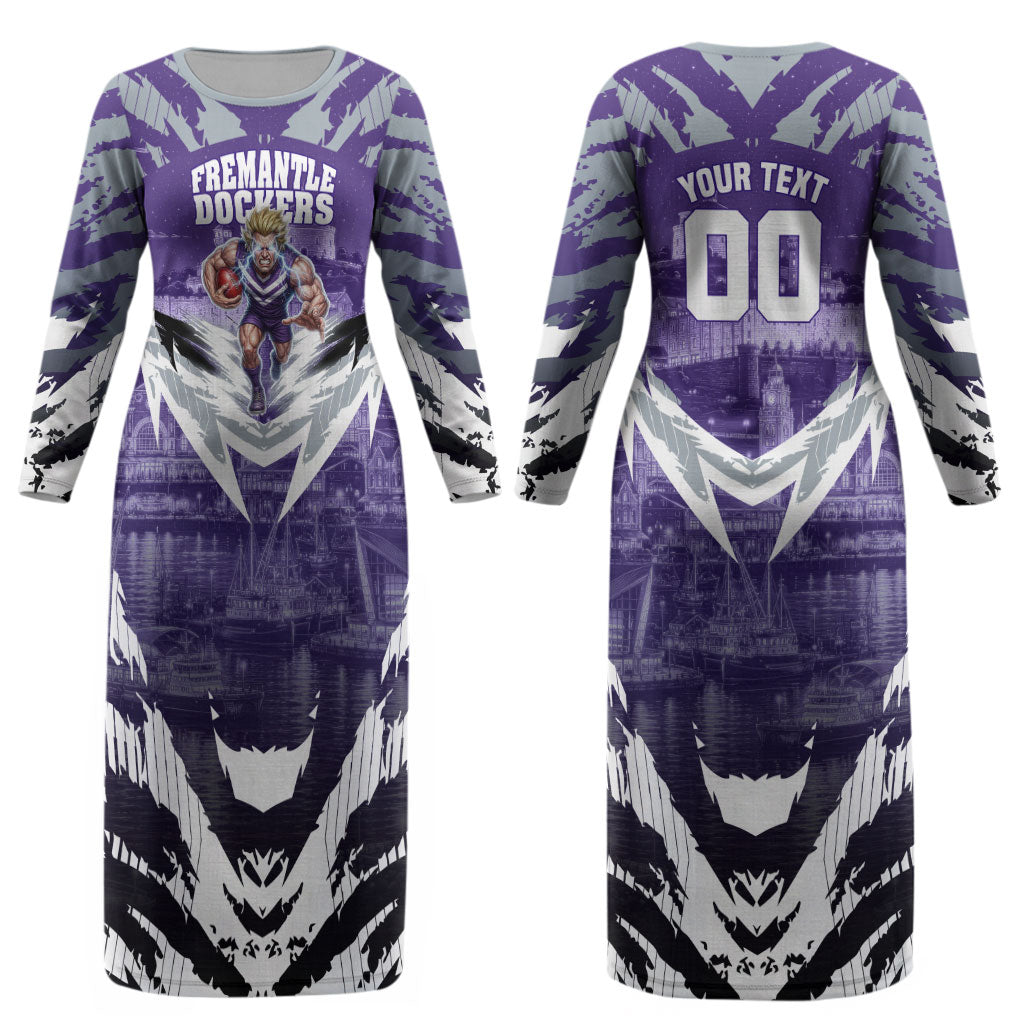 Personalised Fremantle Dockers Football Couples Matching Long Sleeve Bodycon Dress and Hawaiian Shirt Anime Warrior Manga Style Lightning Bolt Cityscape