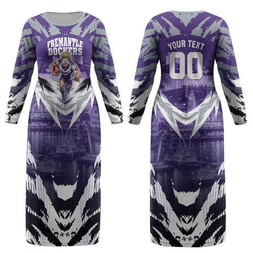 Personalised Fremantle Dockers Football Couples Matching Long Sleeve Bodycon Dress and Hawaiian Shirt Anime Warrior Manga Style Lightning Bolt Cityscape