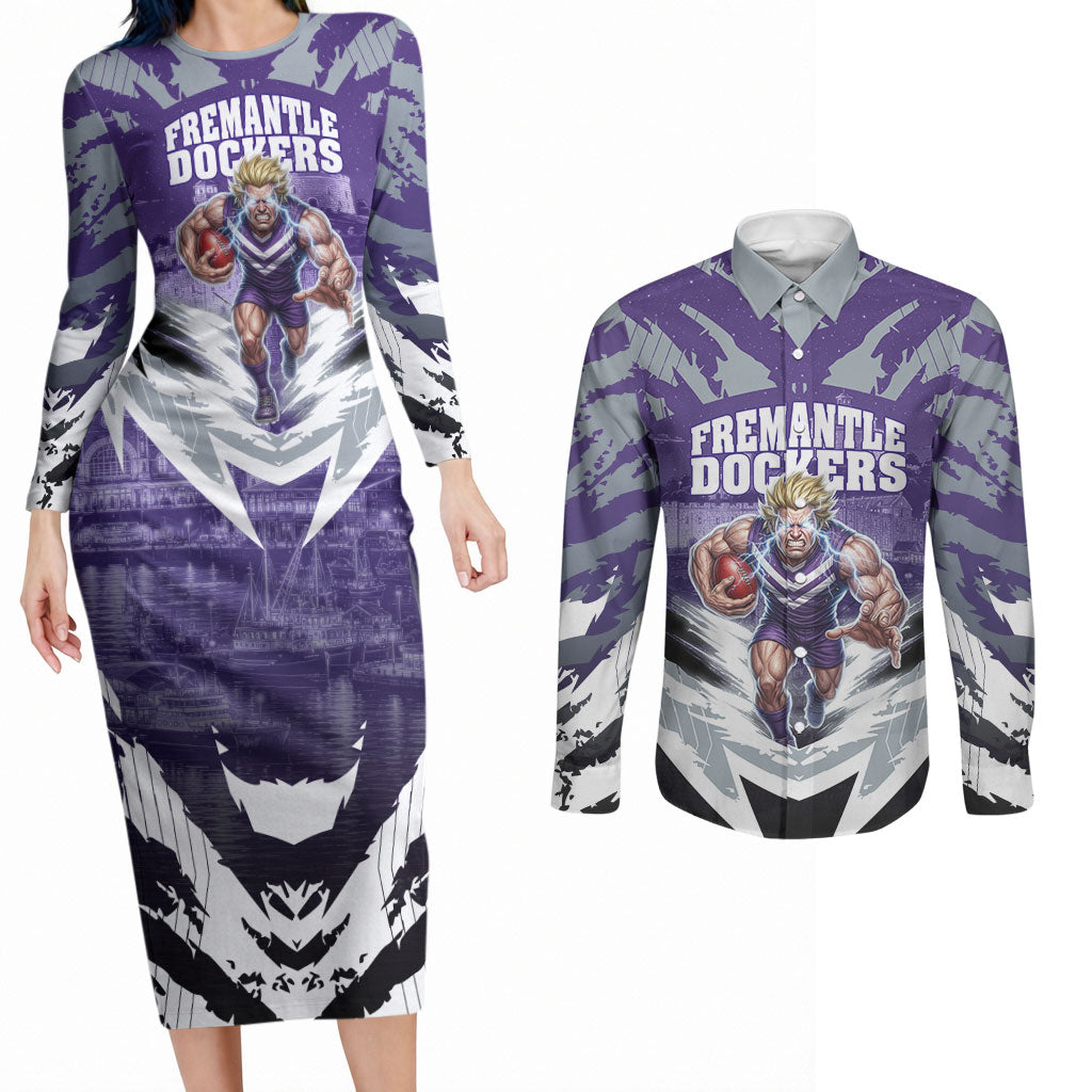 Personalised Fremantle Dockers Football Couples Matching Long Sleeve Bodycon Dress and Long Sleeve Button Shirt Anime Warrior Manga Style Lightning Bolt Cityscape