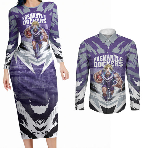 Personalised Fremantle Dockers Football Couples Matching Long Sleeve Bodycon Dress and Long Sleeve Button Shirt Anime Warrior Manga Style Lightning Bolt Cityscape