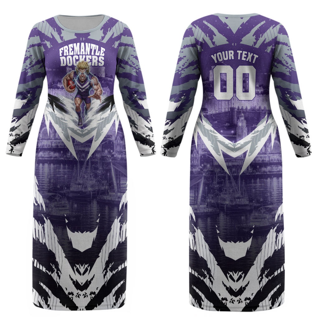 Personalised Fremantle Dockers Football Couples Matching Long Sleeve Bodycon Dress and Long Sleeve Button Shirt Anime Warrior Manga Style Lightning Bolt Cityscape