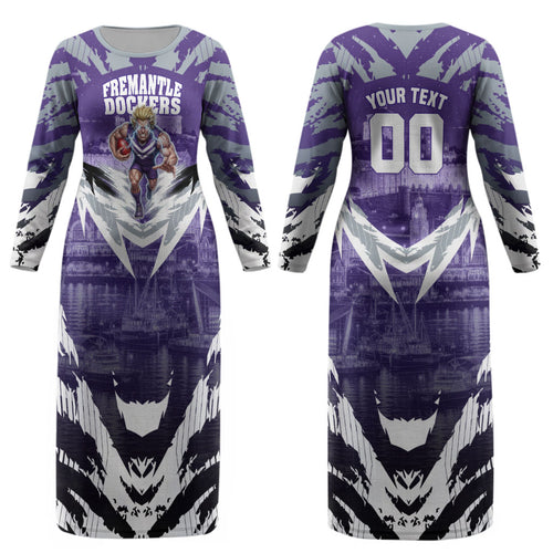 Personalised Fremantle Dockers Football Couples Matching Long Sleeve Bodycon Dress and Long Sleeve Button Shirt Anime Warrior Manga Style Lightning Bolt Cityscape