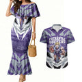 Personalised Fremantle Dockers Football Couples Matching Mermaid Dress and Hawaiian Shirt Anime Warrior Manga Style Lightning Bolt Cityscape