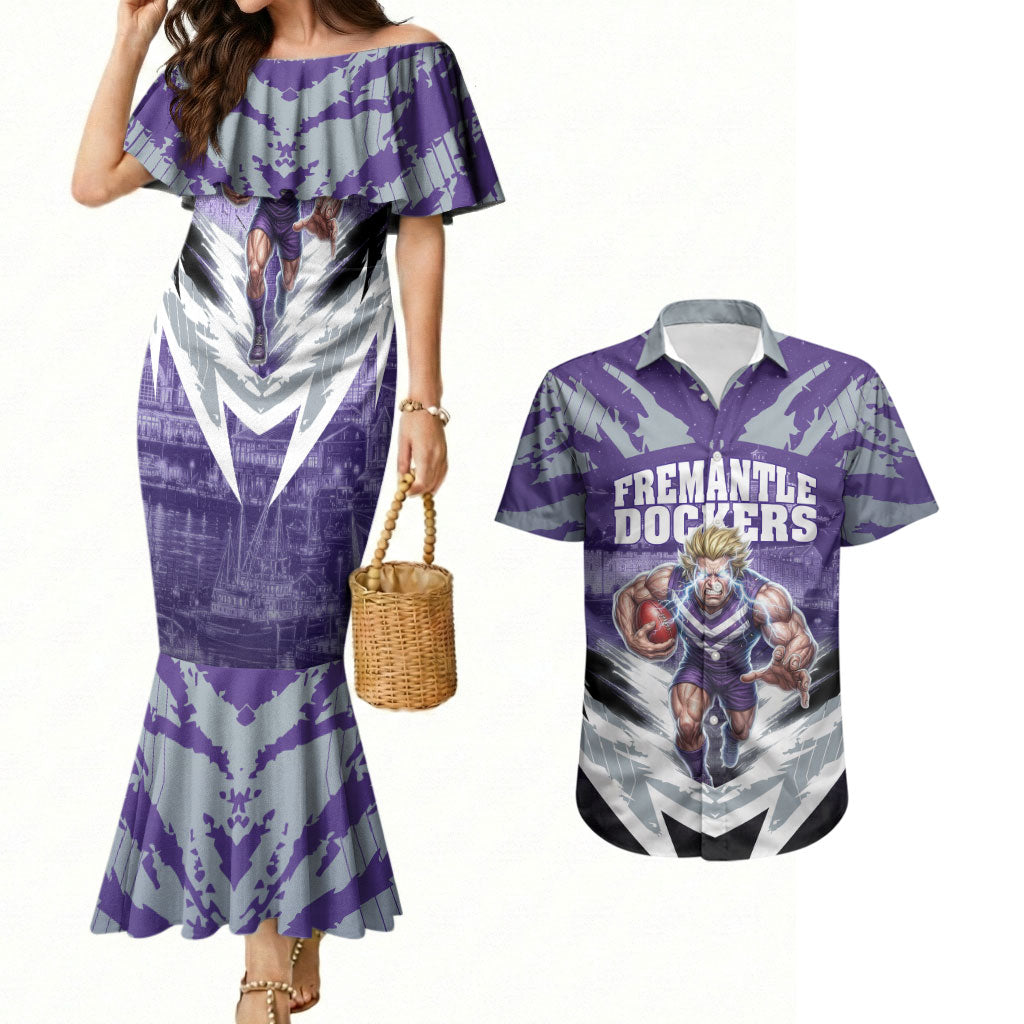 Personalised Fremantle Dockers Football Couples Matching Mermaid Dress and Hawaiian Shirt Anime Warrior Manga Style Lightning Bolt Cityscape